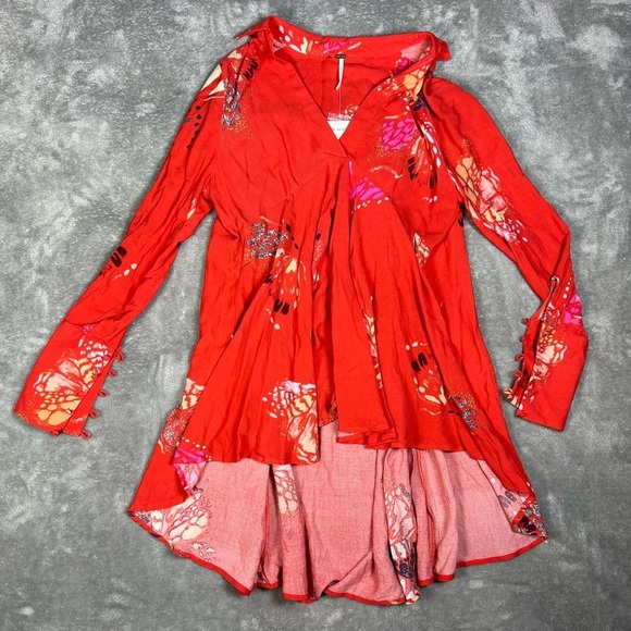 Free People Tunic Womens XS Red Field Of Butterflies Semi-Sheer Boho Gypsy Artsy - Picture 3 of 11